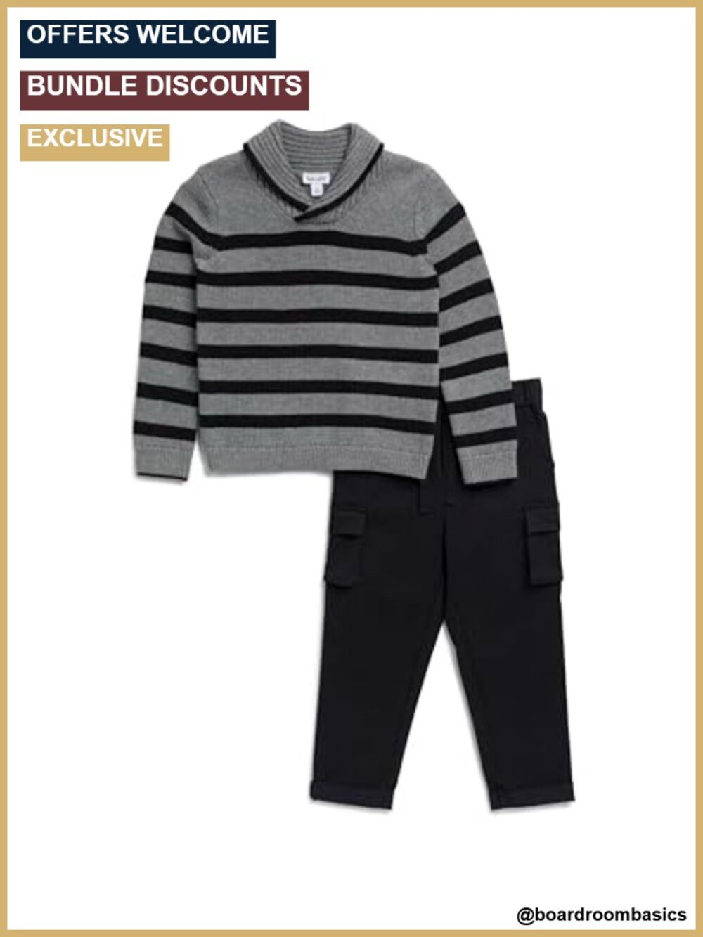 Boys 2-Piece Sweater Top & Cargo Pant Set Roll Neck Striped Toddler